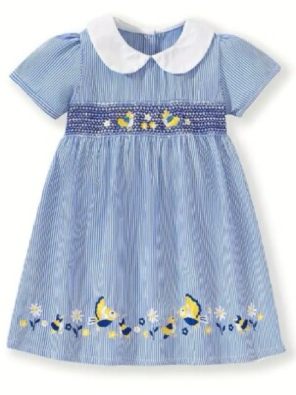 JoJo Maman Bebe Blue and White Striped Dress Yellow Bird Embroidery 3-4 Years